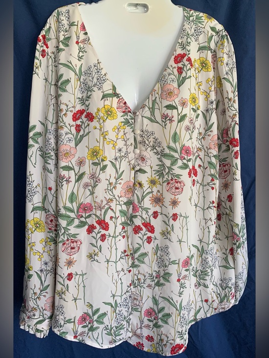 LOFT Tops - LOFT size XL White V-Neck Blouse with Bright Florals Accents